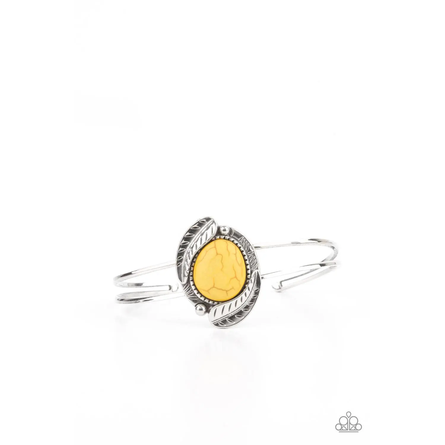 Living Off The BANDLANDS - Yellow Stone Silver Feather Cuff Bracelet - Paparazzi