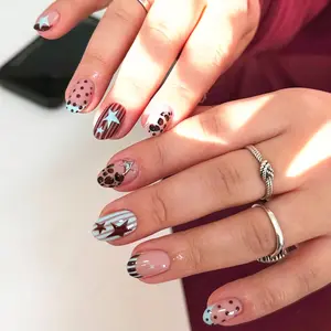 24pcs Retro Spotted Star French Blue Color Block Nail Tips, Textured Ballerina Shape, DIY Fake Nails for Women and Girls