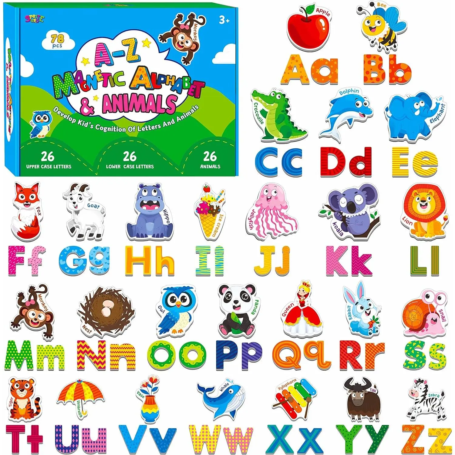78 Magnetic Alphabet, 26 Uppercase, 26 Lowercase Letters & 26 Object Patterns, Adorable Animal Alphabet ABC Fridge Magnets Educational Letter Spelling Learning Toys Set for Toddlers 3 4 5 Years Old
