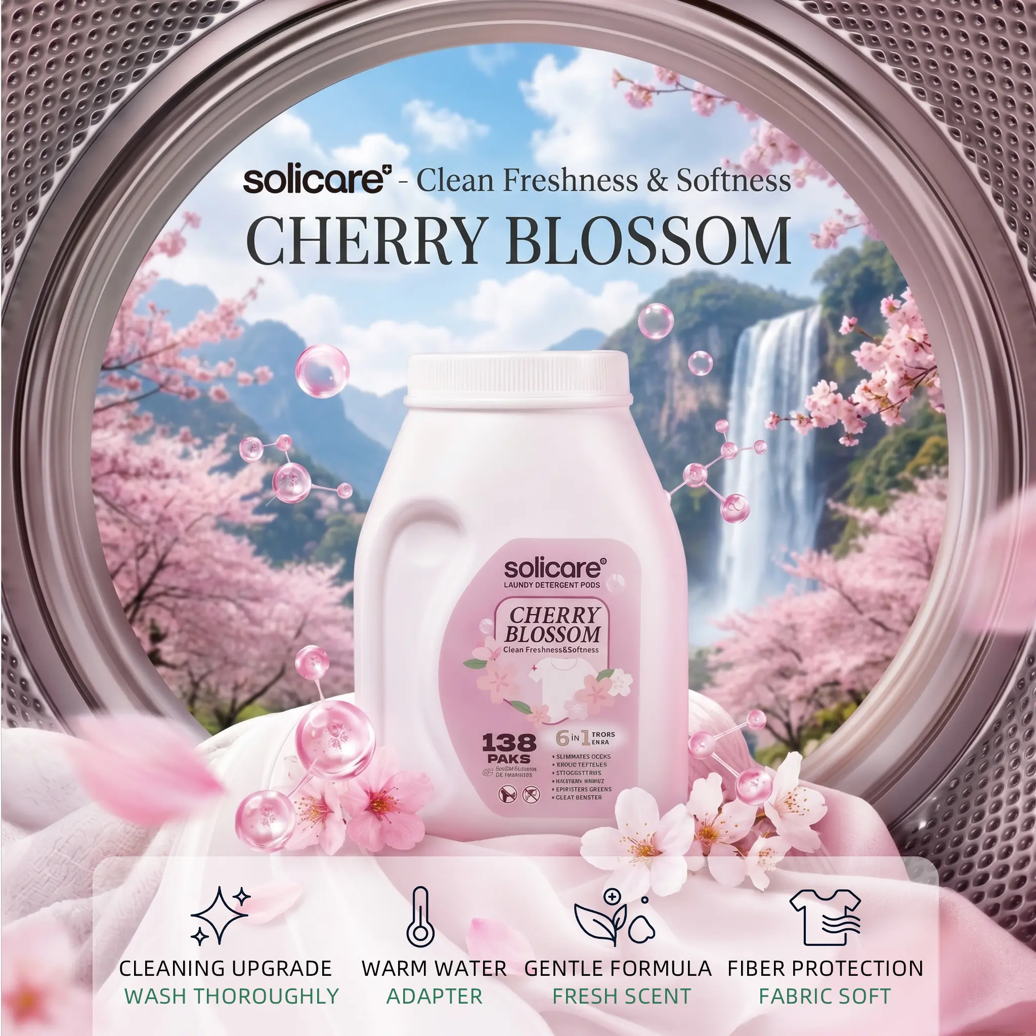 Solicare 6-in-1 Multi-Chamber Laundry Detergent Capsules, Stain-Fighting, Odor-Eliminating, Fresh Cherry Blossom Scent, Non-Toxic, 138 Packs, HE Compatible for All Washing Machines