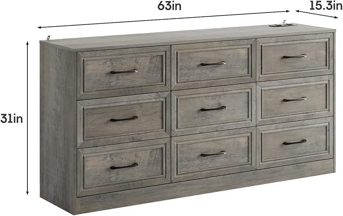 Vabches Dresser for Bedroom, 6/9 Drawer Wide Dresser Organizer with Charging Station, Tall Dresser for Hallway, Wood Dresser with Metal Handles