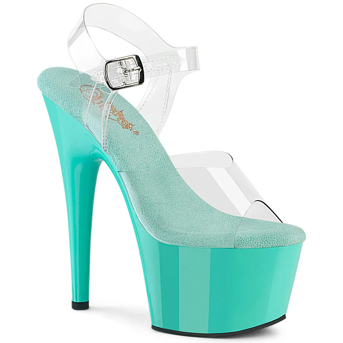Pleaser Women's Clear/Aqua Open Toe Platform Sandals - Man-Made, Rubber, Transparent Ankle Strap, 7" (178mm) Heel, 2 3/4" (70mm) Platform, Stylish Women's High Heel Footwear