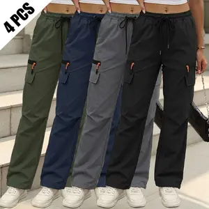 Women’s casual cargo pants set of 4, featuring pockets and drawstring design, solid color, soft and comfortable, polyester–spandex blend fabric, suitable for everyday wear, all-season wear, versatile and stylish.