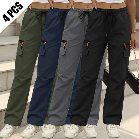 Women's Cargo Bottoms - 4-Piece Athletic Fit Sports Clothes, Soft Poly-Spandex Blend, Pockets, Drawstring, Solid Color, Elegance, Casual All-Season Everyday Wear