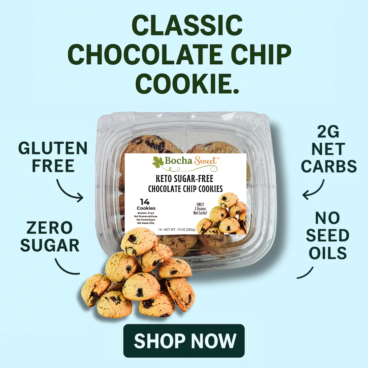 BochaSweet Keto Chocolate Chip Cookies – 1- Pack (14 Cookies) or 2-Pack (28 Cookies) | Zero Sugar, Low Carb, Gluten-Free Snack | No Seed Oils, Real Chocolate Chips, Clean Ingredients | Easy Sugar-Free Snack