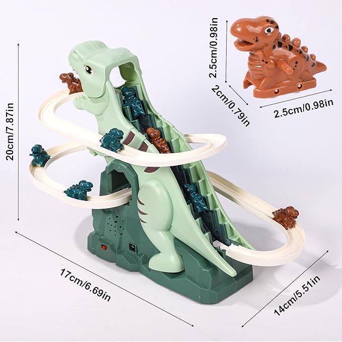Dinosaur Stairs Climbing Toy  Electric Track, 6 Cars, Fun Gift for Kids & Boyfriend