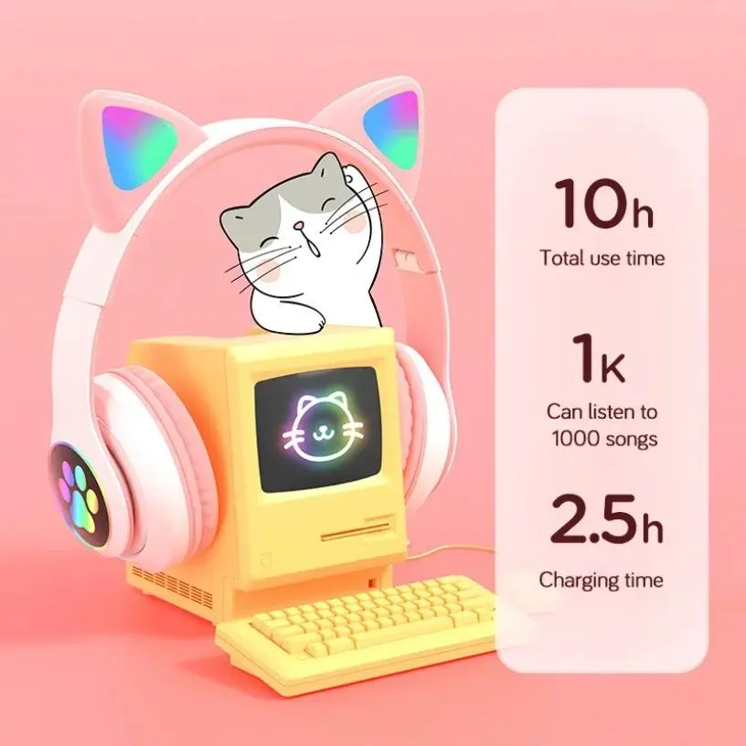 Cute Cat Ears Foldable Bluetooth 5.0 Stereo Headphone with Mic, Flash Lamp, TF Card Support, Rainbow Audio, Rechargeable Charging, Adjustable Fit, MP3 Playback, Phone/Devices Compatibility, USB Wired Connection - Wireless Watch Party Gift for Girls