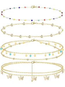 4PCS Gold Plated Belly Waist Chain Set Layered Body Chains for Women Girls Butterfly Bead Pendant Summer Beach Waist Sexy Bikini Belly Chains Belt Adjustable Beach Body Jewellry Body Jewelry