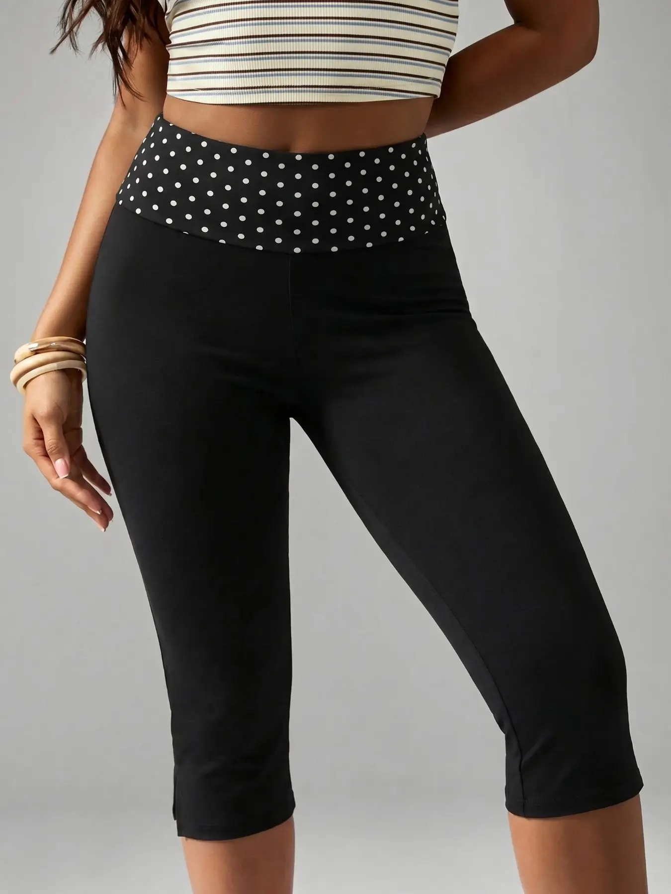 Women's Polka Dot Fold-Over Waist Fitted Slim Capri Pants Bottom Casual Fit Bottoms 2026 Casual Streetwear Summer Daily Trendy Going Out Stylish Viral TikTok Fashion Essential