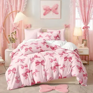 Princess Bow Elements Soft Comfortable Digital Print Bedding Set, 3-Piece Chemical Fiber Polyester Duvet and Pillowcases for Cozy Bedrooms Soft Bedding Sets