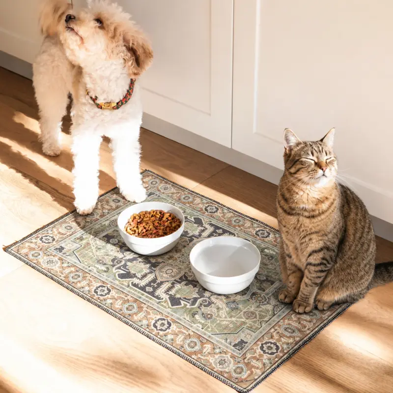Lovewag Washable Pet Feeding Mat - Pack of 2, Eco-Friendly & Leak-Proof Design, Multi-Design Options: Sage Forest , Marmalade Sunshine, Bohemian Jewel, Rustic Terracotta, Caramel Creme, Peacock Garden 16" x 24"