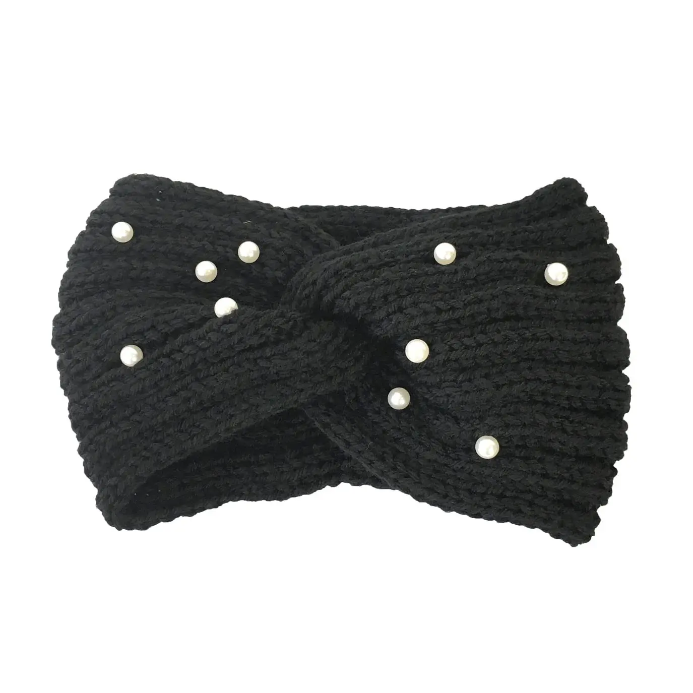 Fashion Culture Women's Chunky Knit Wide Band Headband-Earwarmer, Twisted Texture, Faux Pearl Accents (Black)