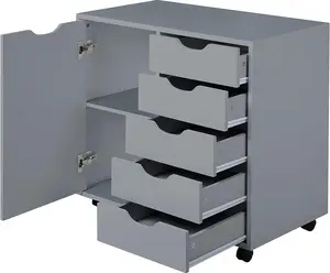 Home Amy 5 Drawer Chest, Wood Storage Dresser Cabinet with Wheels, Craft Storage Organization, Makeup Drawer Unit for Closet, Bedroom, Office File Cabinet 180 lbs Total Capacity – Grey