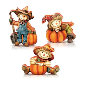 3 Pieces Thanksgiving Autumn Harvest Scarecrow Decoration, Pumpkin Thanksgiving PVC Small Scarecrow Desktop Decoration, Home Office Decoration Party Supplies