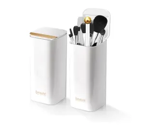 【New Arrivals】Modvista Upgrade Makeup Brush Holder Organizer with Lid, Automatic Lifting Dustproof Makeup Brushes Organizer with 4 Compartments for Vanity，Cosmetic Storage for Dresser Countertop and Bathroom Box Boxes Bucket Gift Smooth White Gold