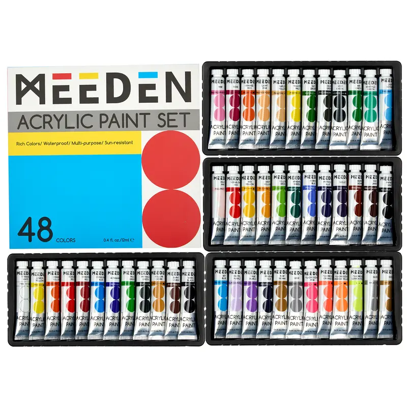 MEEDEN Beginners Boxed Acrylic Paint Set - 48 Multi-Shade 12ml/0.41 fl oz Heavy Body Art Craft Supplies, Non-Toxic Rich Pigments for Adults, Ideal for Canvas Wood Fabric Painting, Boxed Acrylic Paints