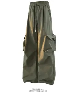 Men's Wide Leg Work Pants, Drawstring Waist Multi-Pocket Tactical Long Pants, Streetwear Hiking Casual Trousers, Outdoor