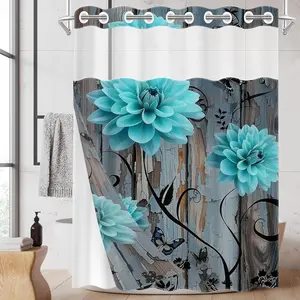 1PC/4PCS 2D Flat Printing Blue Flowers, Butterflies on Wood Grain Background Patterned Removable shower curtain, home Restroom bathroom decor, shower curtain set with 12 hooks, non-slip bathroom rug, U-shaped toilet seat cover, toilet seat mat