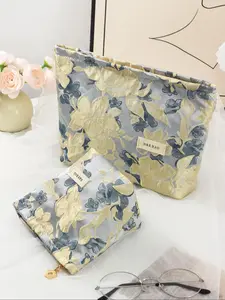 Floral Embossed Makeup Bag Set, Makeup Pouch, Large Capacity Cosmetic Storage Bag with Zipper & Handle, Versatile Storage Bag for Travel, Office, Home