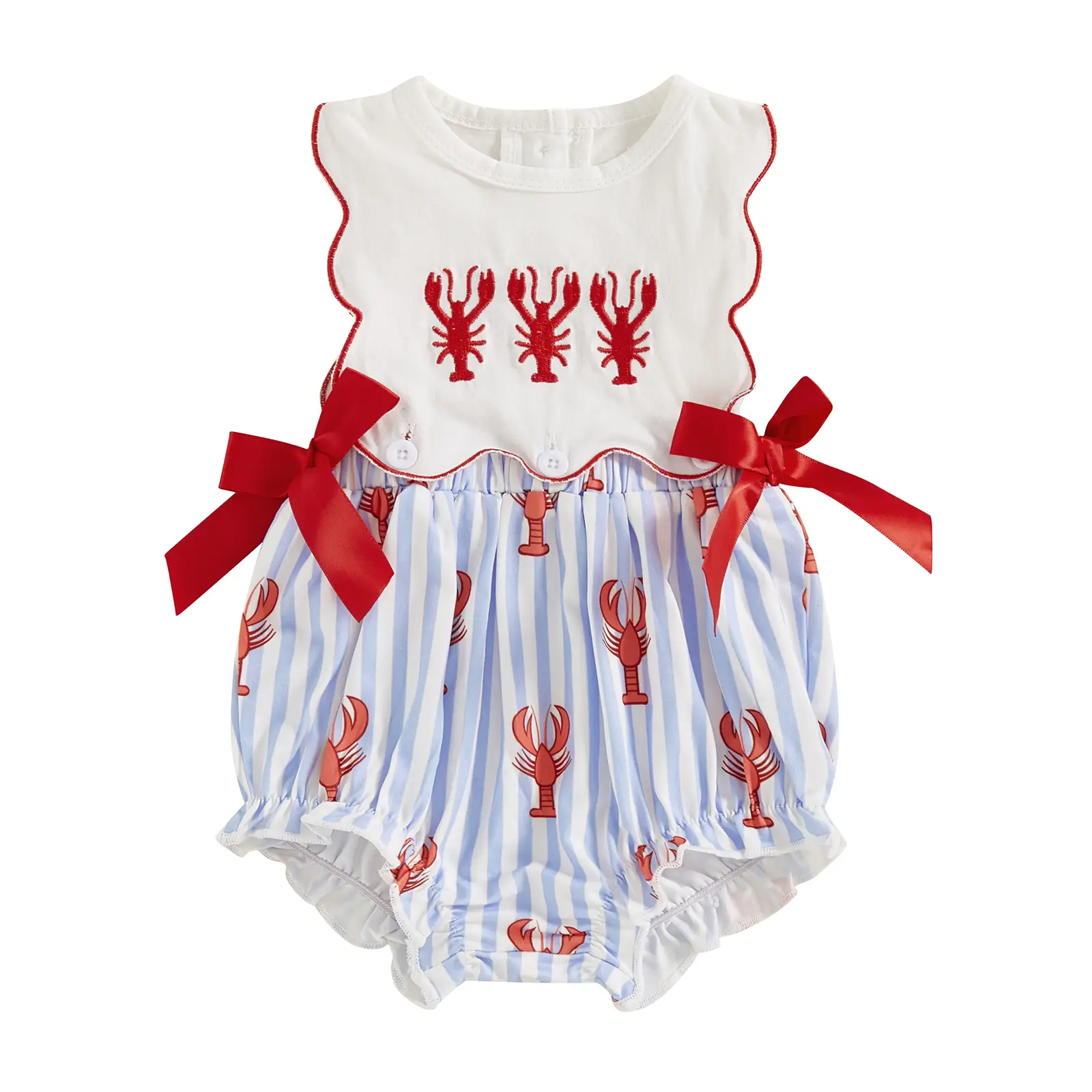 Baby Girl Crawfish Smocked Bubble Rompers Lobster Embroidery Ruffle Striped Onesies Bodysuit Cute Newborn Summer Clothes