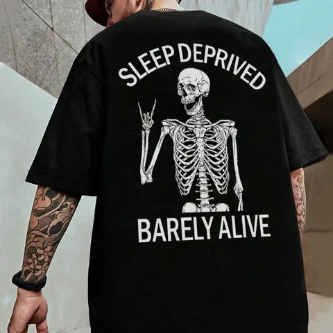 Men's Regular Fit Graphic Letter & Skeleton Print Drop Shoulder Tee, Streetwear Fashion Casual Soft Comfy Round Neck Short Sleeve T-Shirt For Daily Wear, Menswear, Top
