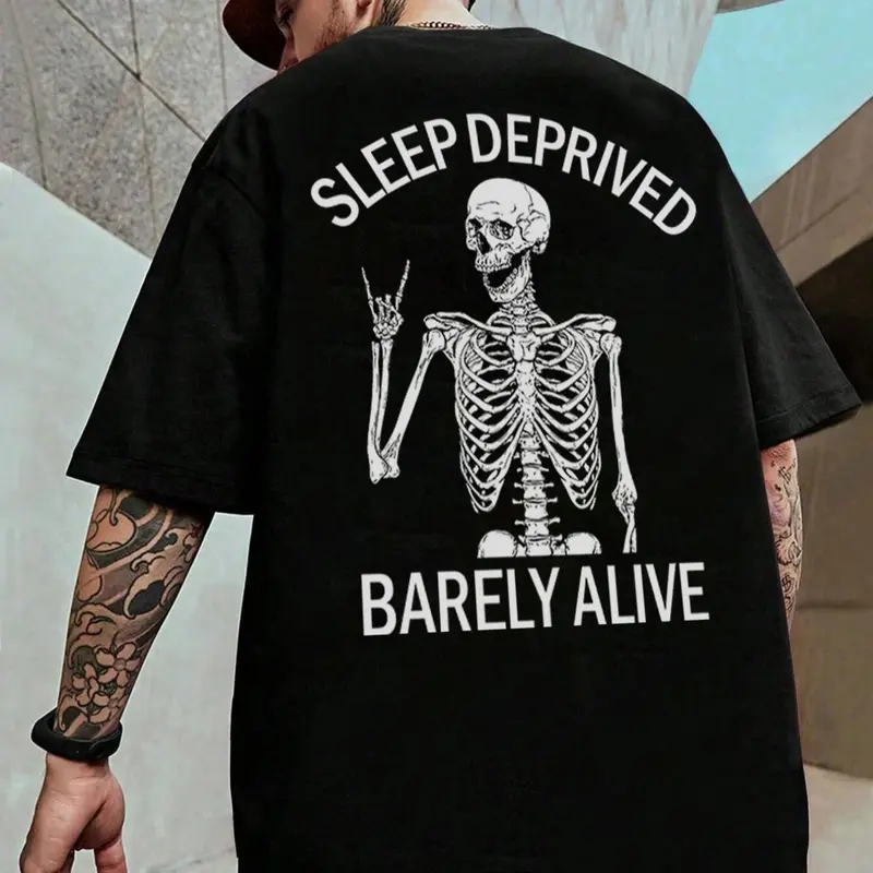 Men's Regular Fit Graphic Letter & Skeleton Print Drop Shoulder Tee, Streetwear Fashion Casual Soft Comfy Round Neck Short Sleeve T-Shirt For Daily Wear, Menswear, Top