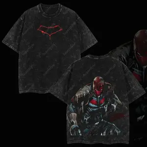 Superstyle Red Hood "Jason Todd" Robin Of The Dark Knight Hero verse Edition Double Printed Oversize Lightweight Acid Washed Tee TV Series Graphic Design Top Cotton Streetwear Comic Superheroes T-Shirt Clothes Menswear Womenswear Black Crewneck IYR A6I