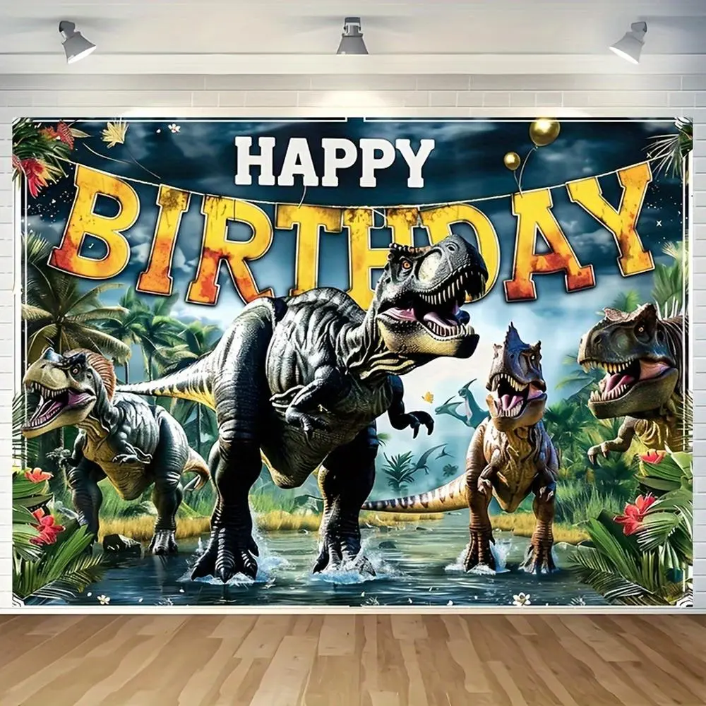 1pc 2D Flat Dinosaur Themed Happy Birthday Banner - Polyester Fabric Party Backdrop with T-Rex Cartoon Elements, Multi-Use Decor for Entryway, Garden Decoration, No Electricity