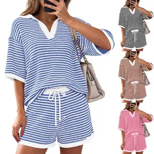 Women's Short Sleeve Stripe Knit Sweater Shorts Two Piece Set Matching Outfit Everyday Casual Style Summer Vacation Holiday Weekend Trip Daily Wear Outing Loungewear Streetwear