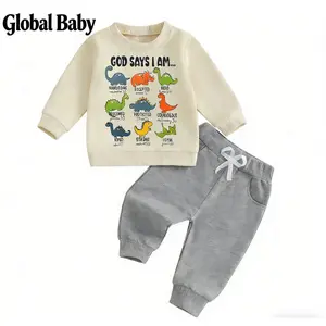 Global Baby Toddler Baby Boy Winter Fall Outfit Dinosaur/Animal Print Long Sleeve Sweatshirt and Elastic Waist Joggers 2 Piece Set