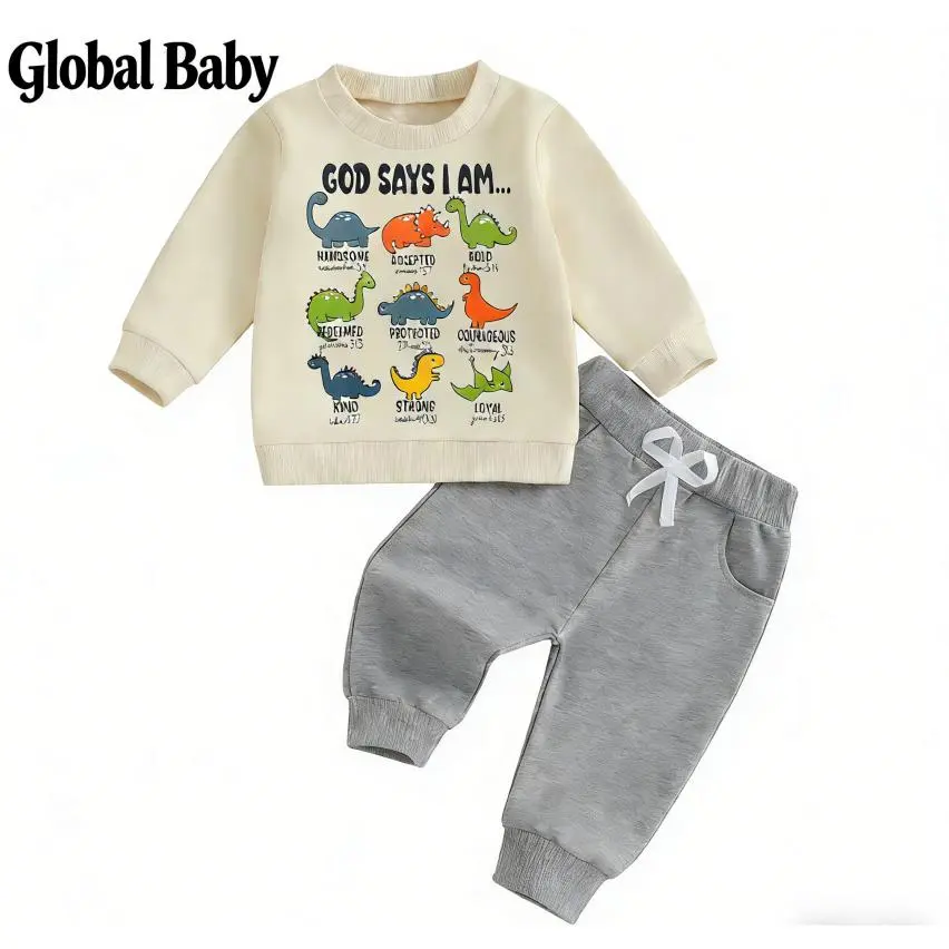 Global Baby Toddler Baby Boy Winter Fall Outfit Dinosaur/Animal Print Long Sleeve Sweatshirt and Elastic Waist Joggers 2 Piece Set