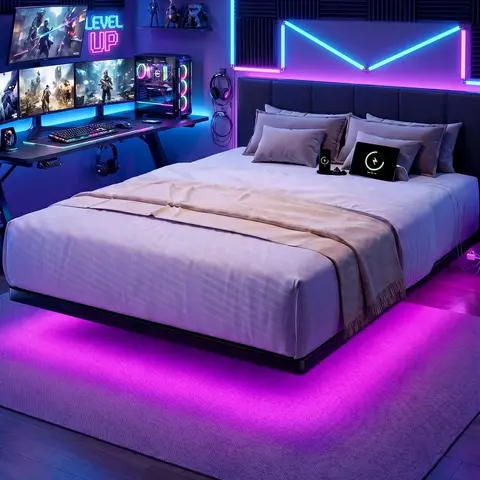 「BlackFriday」ONBRILL Modern Queen Size LED Floating Bed Frame - 1000lb Capacity, USB Port, AC Power Outlet, 3 LED Color Modes, Durable Metal, No Box Spring Needed, No Noise, Easy Assembly Required, Room Decor, Indoor Furniture