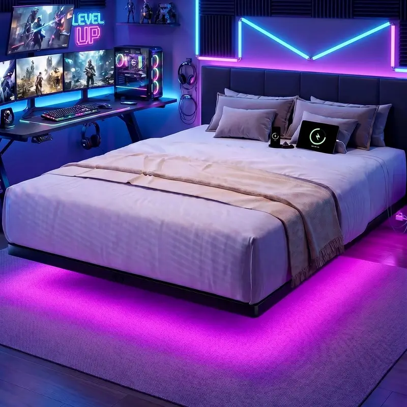 「BlackFriday」ONBRILL Modern Queen Size LED Floating Bed Frame - 1000lb Capacity, USB Port, AC Power Outlet, 3 LED Color Modes, Durable Metal, No Box Spring Needed, No Noise, Easy Assembly Required, Room Decor, Indoor Furniture
