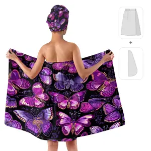 1set bath skirt and dry hair hat towel set, Purple Butterfly Pattern  printed wearable wrapped bath towel set that is not easy to fall off, perfect for home bathrooms, beauty care, festival gif, Absorbent Breathable Towel