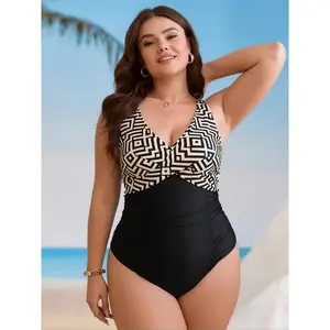 Women's Plus Size V-Neck Geometric Print Color Block 1-Piece Swimsuit - Tummy Control, Ruched Side, Wide Strap, U-Back, Mesh Top - for Beach, Pool - Black Beige, Spring Glow, Swimsuit for Women,chic design,mesh top,sport bra, Colorblock Swimsuit, Full-Bod