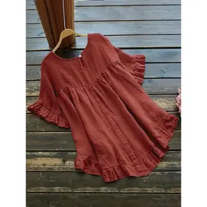 2025 plus Size Plain Ruffled High and Low Hem Blouse, Wear, Casual round Half Sleeve Top Summer