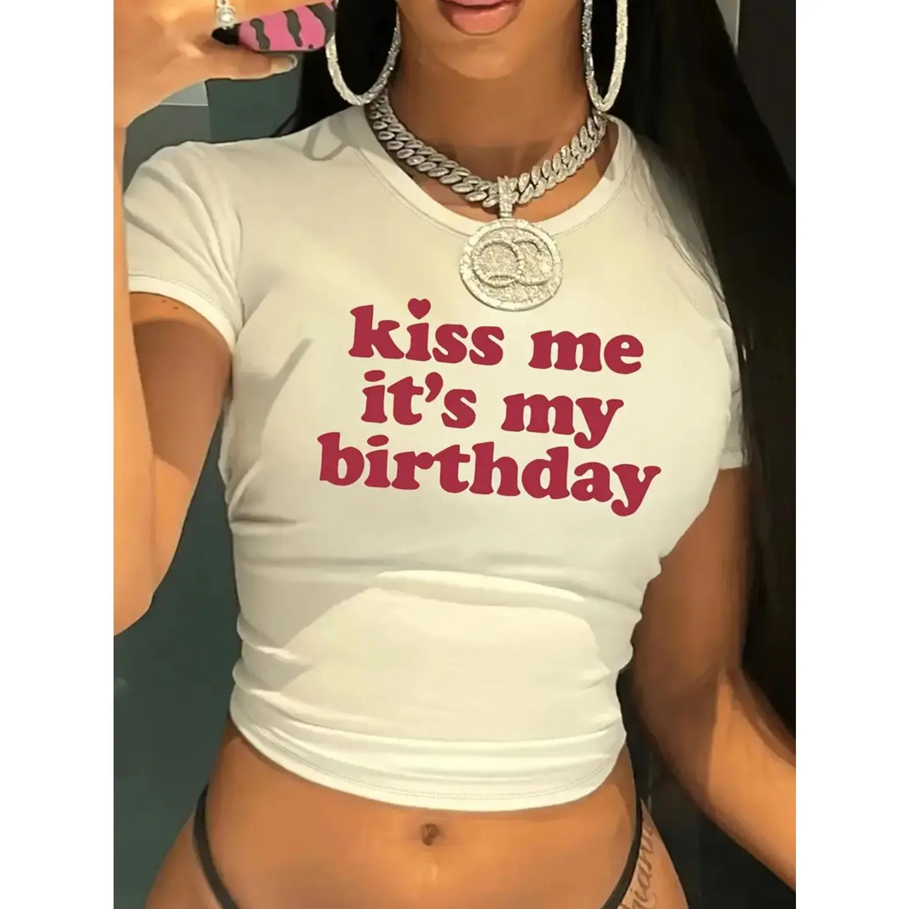 Women's Y2K Short T-Shirt with "Kiss Me It's My Birthday" Slogan & Wine Date Print - Cute Sweet & Cool Style Casual Round Neck Blouse for Spring Summer Outfits, Birthday Party Outfits - Machine Washable Non- Top