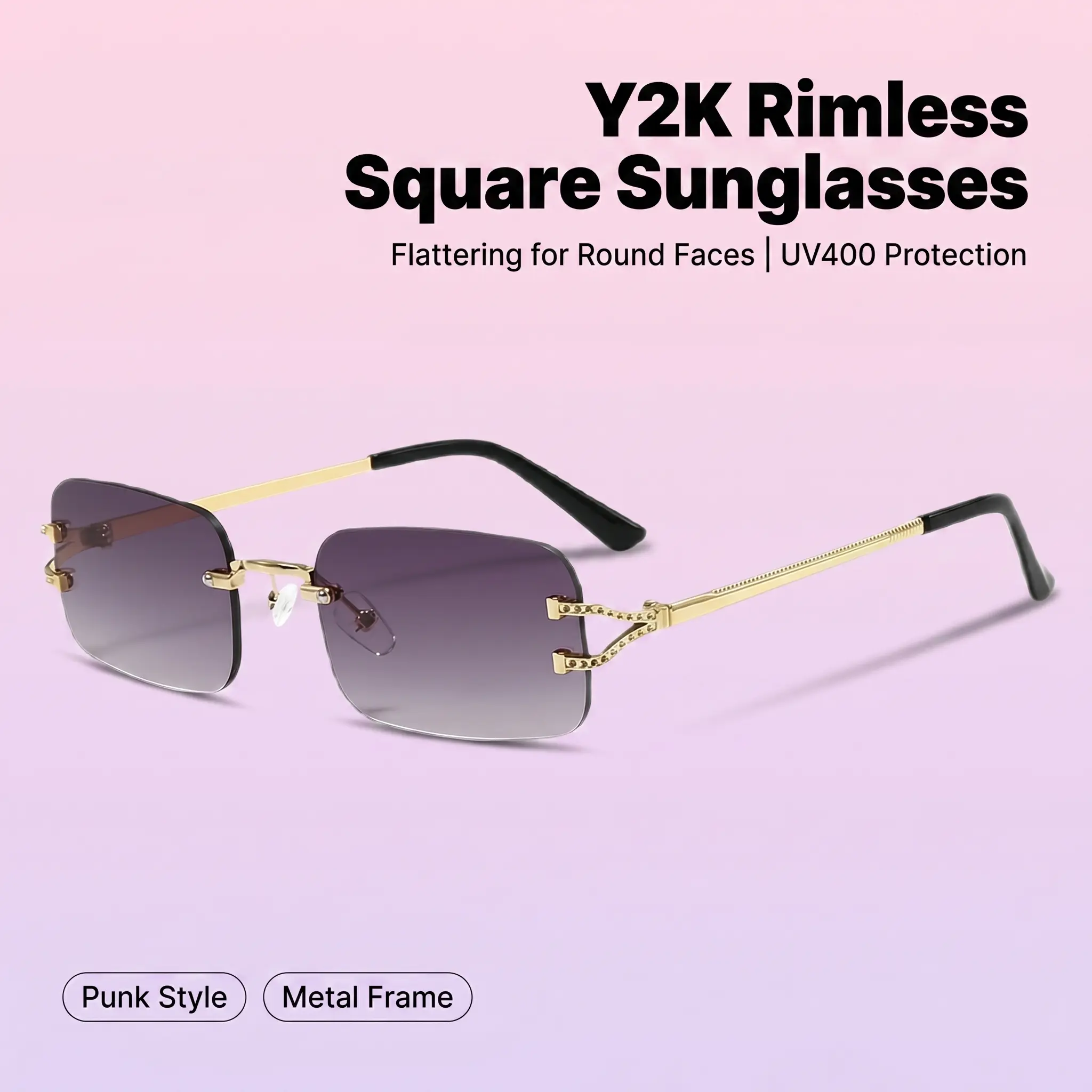 Unisex Semi-Rimless Edge-to-Edge Sunglasses, Punk-Style Hip-Hop Design, Gradient Blue Light Blocking Lenses, Gold-Tone Frame, Ideal for Streetwear and Party Looks, Blue Light Blocking Lens