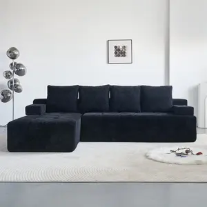 Modern Style L-Shaped Sectional Sofa with Side Pockets,wireless charging device, two USB charging ports, one cup holder, Bluetooth speaker,Reversible Lounge Chaise, Chenille Material,Black Color