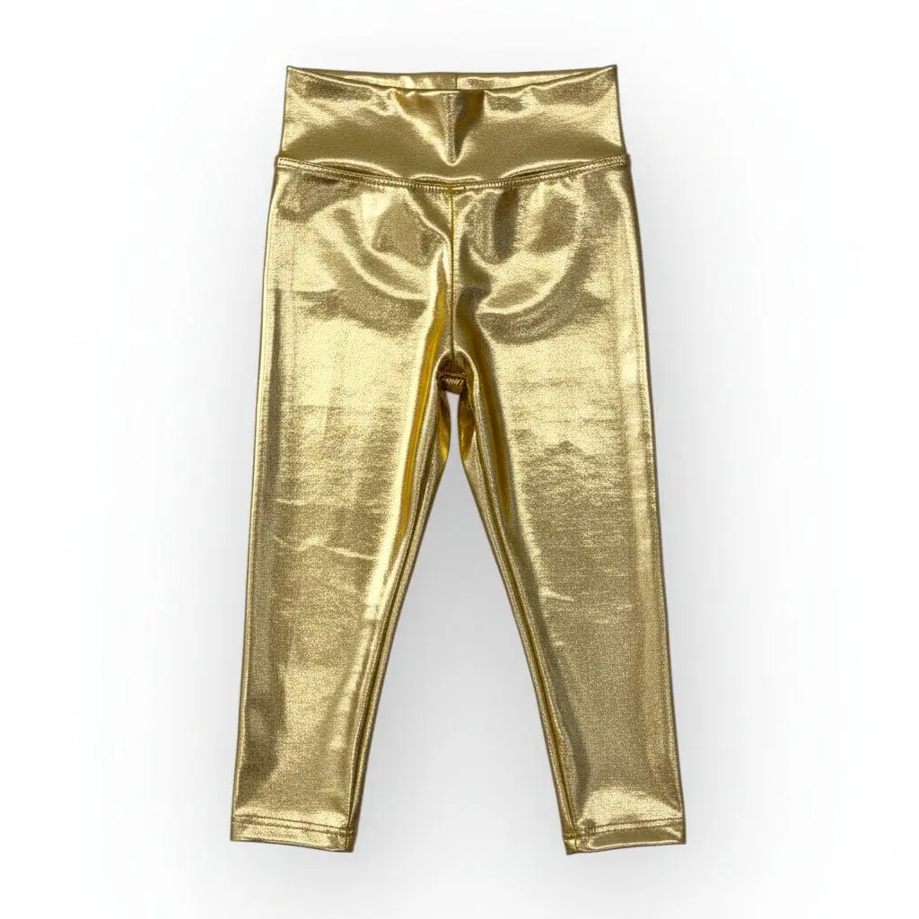 The Golden Hour Legging - Kids Metallic Gold Foil High Waist Above Ankle Leggings for All Seasons Soft Stretchy Comfortable Basic Minimalist Bottom