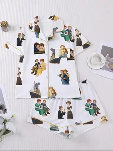 Valentine's Day Pajamas Set, 2-Piece Love Movie Print Sleepwear, Vintage Style Short Sleeve Shirt & Elastic Shorts, Casual Home Wear