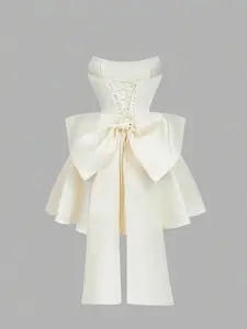 Satin Fitted Bandeau Bow Back Decor Mini Dress, Off Shoulder White Dress, White Corset Dress,Wedding Guest Dress Women