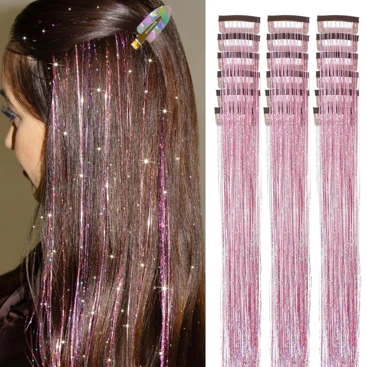 Hair Tinsel 18 count Clip in Hair Tinsel Kit for Girls 20 Inch Glitter Hair Extensions Heat Resistant Colored Hair Extensions for  Clip Ins Festival Accessories for Women