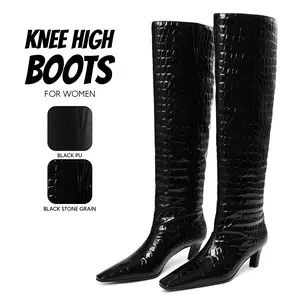 Womens Knee High Boots Square Toe Kitten Heel Easy Pull on Comfy Wide Calf Work Casual Party Wedding Outdoor Nightclub Motorcycle Riding Fashion Black Crocodile Tall Long Dressy Shoes