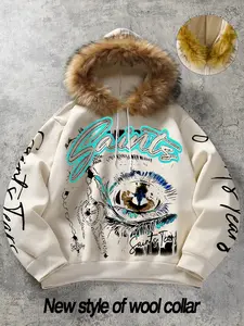 Men's High-Quality Casual Hooded Sweatshirt, Modern Hip-Hop Parka with Faux Fur Collar, Oversized Rhinestone Eye Print Jacket