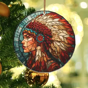 Tribal Stained Glass Ornament - Native American Woman Headdress Decor - Unique Indigenous Gift