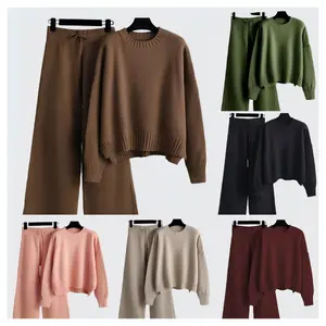 2026 Women's Oversized Round Neck Sweater & Wide-Leg Pants Set Drop Shoulder Long Sleeve Pullover with Ribbed Texture Loose Fit Trousers for Fall Winter Warmth Cozy Everyday to Semi-Formal Wear Clothes Womenswear Elegance Suits Fashion - Basic - Casual