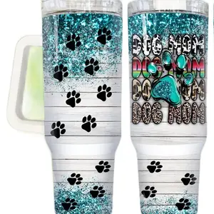 Dog Mom 40oz Tumbler - Blue & Black Design with Paw Print Patterns, Ideal for Drinking and Casual Use - Bottle, Drinkware