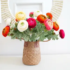 Real Touch Artificial Ranunculus Arrangement | 20 inches Stems Faux Rose Peony In The Bamboo Vase | Wedding Home Decor | Gifts Decorative Fruit Plants Room Ornaments Flower