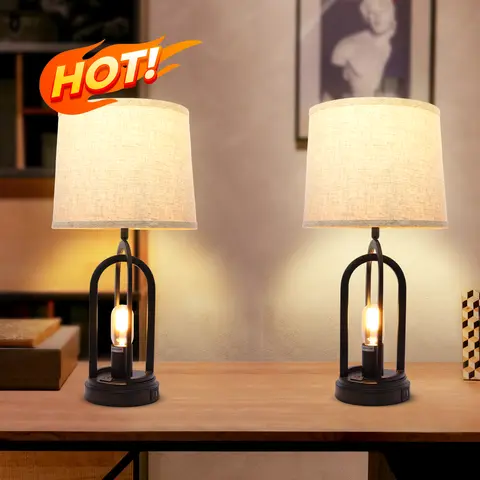 GLITGATE Rustic Farmhouse Interior Table Lamp - Decorative Durable Materials, 2 Dual USB Ports, Button Control, Fabric Shade, Warm Glow, 59" Cord, Customized Bulbs Compatible for Bedroom, Living Room Home Decor